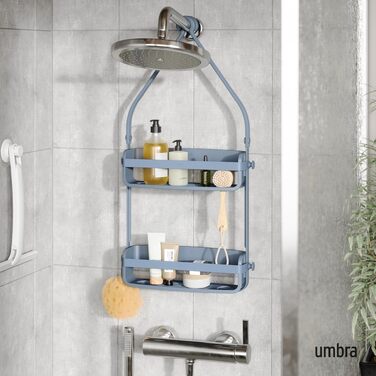 Підвісна полиця для душу Umbra Flex, органайзер у ванну з 2 рівнями та системою дренажу, силіконові стрічки, колір: сланцево-синій