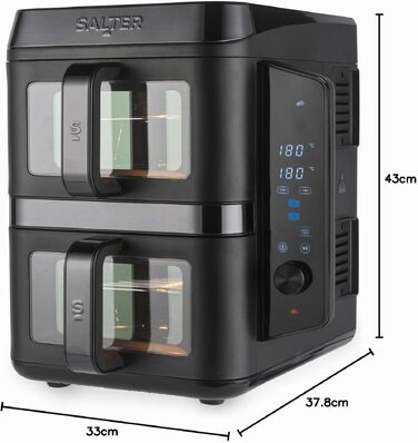 Аерофритюрниця Salter VertiCook View 9L: двокамерна з вертикальним дизайном, 12 програм Sync & Match, 4 рівні приготування, без PFAS, чорна