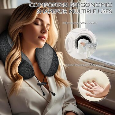 Подорожня подушка під шию з ефектом пам'яті (Memory Foam) для літака та авто, чорна, з 3D-маскою для сну та берушами