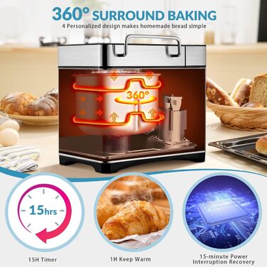Преміум хлібопекарня Konvektions-Brotbackautomat 710W з керамічною формою, 17 програм, нержавіюча сталь, дозатор горіхів, сенсорне скло, срібляста