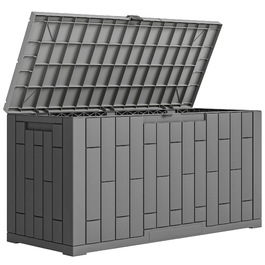 Водонепроникний садовий ящик Gartenbox 227 л з замком, стійкий до УФ-випромінювання, з деревним декором, 106,5x43x54,5 см, сірий