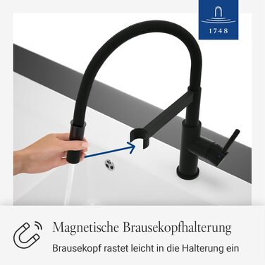 Змішувач кухонний Villeroy & Boch Steel Expert Compact, чорний матовий, з висувним гусаком та перемикачем, висота 147мм