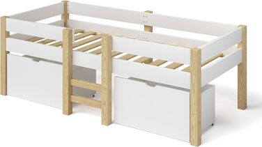 Дитяче ліжко Bellabino 90x200 Aspy, біле напіввисоке з бортиком, масив дерева, з ламелями та 2 шухлядами, для хлопчиків і дівчаток, ліжко з місцем для зберігання