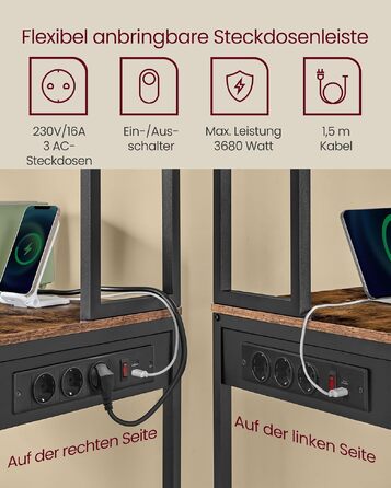 Кухонний стелаж VASAGLE з LED-підсвіткою та розетками, полиця для мікрохвильовки з регульованими рівнями та 8 гачками, 40 x 80 x 168,4 см, колір золотий дуб та білий (KKS050YA01)