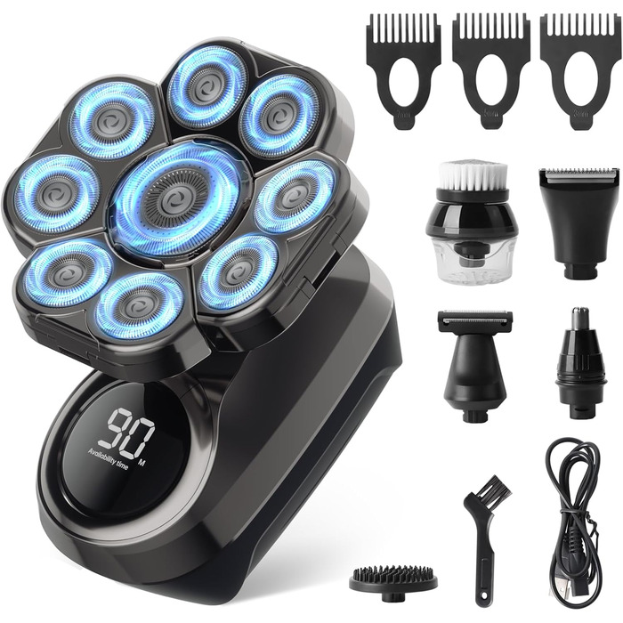 Електрична бритва для гоління голови чоловіча 9D Skull Shaver, водонепроникна IPX7, LCD-дисплей, 6-в-1 з тримером для носа, Type-C зарядка