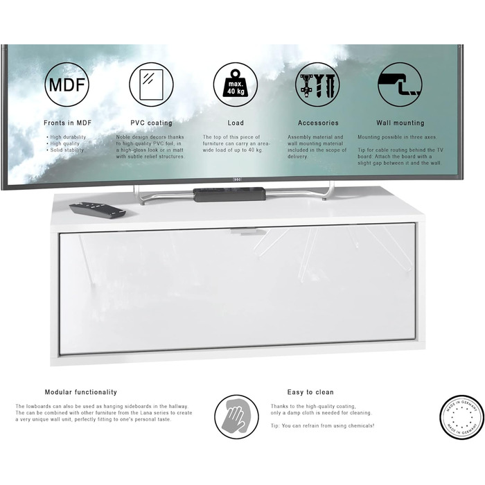 Підвісна ТВ тумба Vladon Lana 80x29x37 см, білий матовий корпус, фасади Scratchy Metal, велика палітра кольорів, вироблено в Німеччині