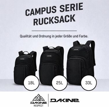 Унісекс рюкзак Dakine Campus 25L для школи, подорожей та ноутбука, водовідштовхуючий, чорний