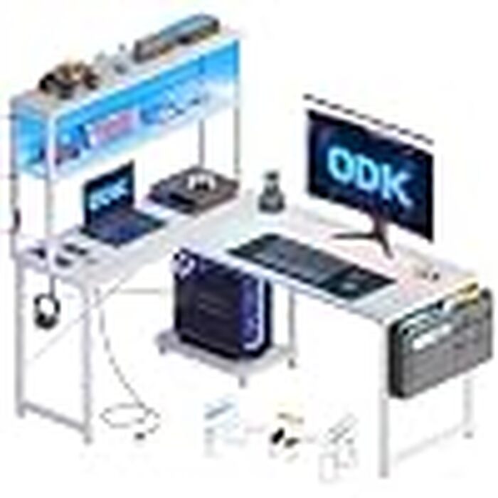 Ігровий кутовий стіл ODK Gaming з LED-підсвіткою, полицею-дисплеєм та розеткою, 110×80 см, білий