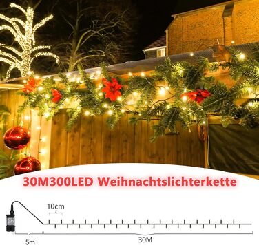 Світлодіодна гірлянда для вулиці та дому 500 LED, 30м, теплий білий колір, 8 режимів роботи, водонепроникна IP44 з таймером, різдвяна ілюмінація для ялинки та саду