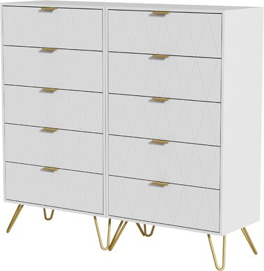 Набір з 2 комодів UEV 120x34x110 см, 10 шухляд, високий комод, тумба під ТВ, бічна тумба для вітальні, спальні, коридору, білий