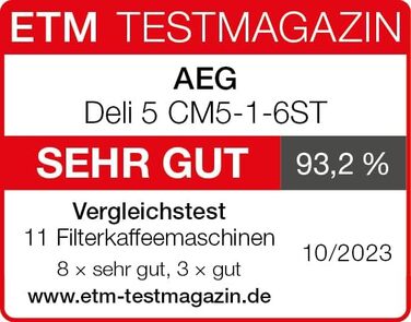 Кавоварка AEG CM5-1-6ST Deli 5, 1,5 л, нержавійка, програмований таймер, підтримка тепла, захист, індикатор рівня води, антикрапельна функція