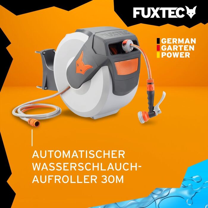 Автоматичний шланг для саду Fuxtec FX-WSA30 – 30 метрів, ½ дюйма, з роликом для стіни, включаючи ручну лійку та з'єднувачі, поворотний на 180°, оранжевий