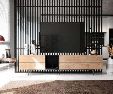 ТВ тумба Newfurn чорна дика дуба, вінтаж індастріал, 195x48x37 см, тумба під телевізор у вітальню