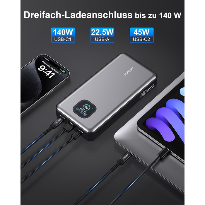 Powerbank 140W, 25000mAh з дисплеєм, PD3.1 для ноутбуків, MacBook, iPad, iPhone, Switch