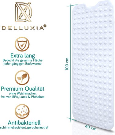 Протиковзкий килимок для ванни Delluxia 100×40 см, білий, BPA Free, з 2 гачками