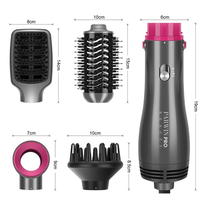 Фен-щітка 4-в-1 PARWIN PRO BEAUTY, 1000 Вт, іонна, професійна, насадки для сушки, випрямлення, об'єму та стайлінгу, сіра