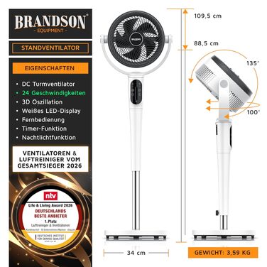 Вентилятор підлоговий Brandson 3D з ЕКО DC мотором, 24 швидкості, пульт, білий – енергозбереження 60%