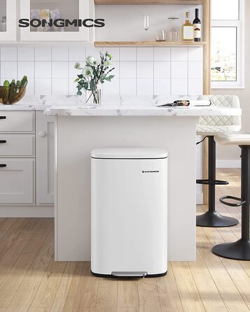 Смітник для кухні SONGMICS 50 л з педаллю, кришкою Softclose, білий, сталевий корпус, внутрішнє відро