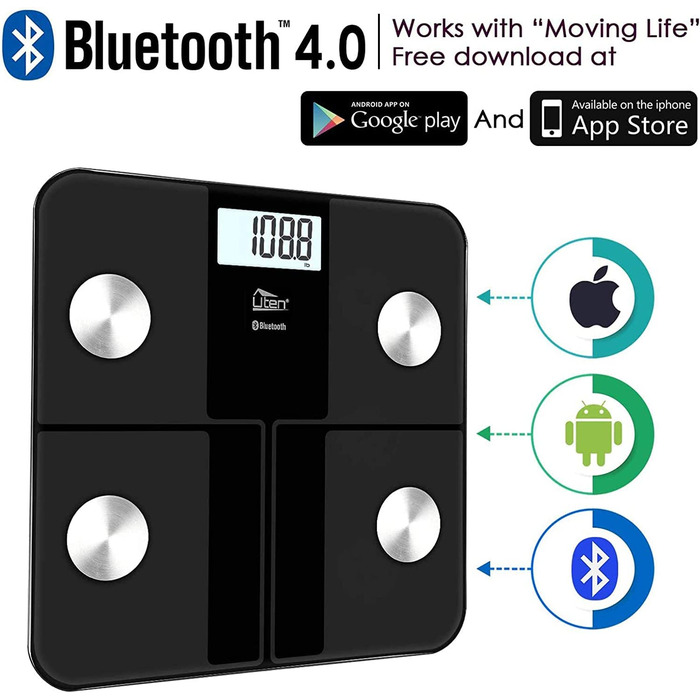 Цифрова вага-аналізатор Uten з Bluetooth, вимірювання жиру, вага до 180 кг, чорна, синхронізація з додатком