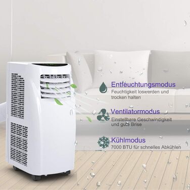 Мобільний кондиціонер COSTWAY 4-в-1, 7000 BTU, осушувач повітря, 2,6 кВт, з пультом, таймером та гнучким шлангом, для кімнат 10-20 м², режим сну, температура 17-30℃