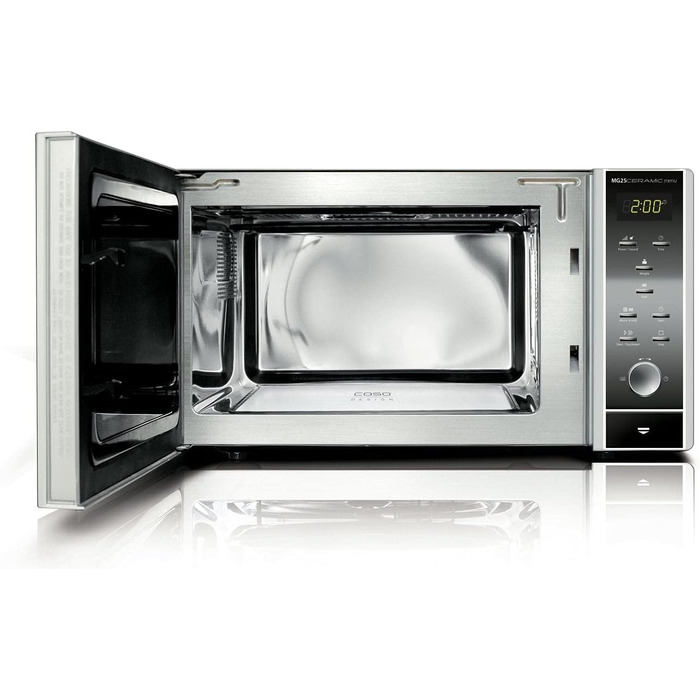 Мікрохвильова піч з грилем CASO MG25 Ceramic Menu, 25 л, 900 Вт, без піддону, нержавіюча сталь, 2 рівня, керамічне дно, дзеркальна поверхня, 1000 Вт гриль, Sound on/off