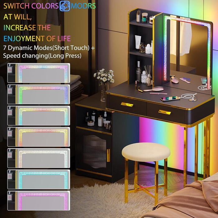 Туалетний столик Lvifur з RGB підсвіткою, бездротовою зарядкою, сімма кольорами, регульованою яскравістю, полицями та оксамитовим пуфом, з USB Type-C, для вітальні та спальні, чорний