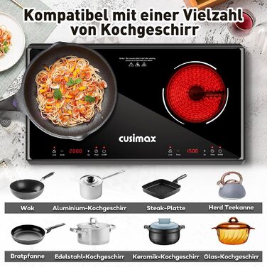 Двоконфорочна електрична плита CUSIMAX 3500W з інфрачервоним нагрівом, склокераміка, LED дисплей, таймер, сенсорне керування, захист від дітей, чорний колір