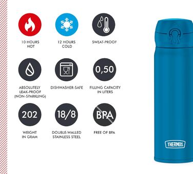 Термос-пляшка Thermos ULTRALIGHT 500 мл з нержавіючої сталі, блакитна, зберігає тепло до 10 годин та холод до 20 годин, герметична, для води, чаю та напоїв
