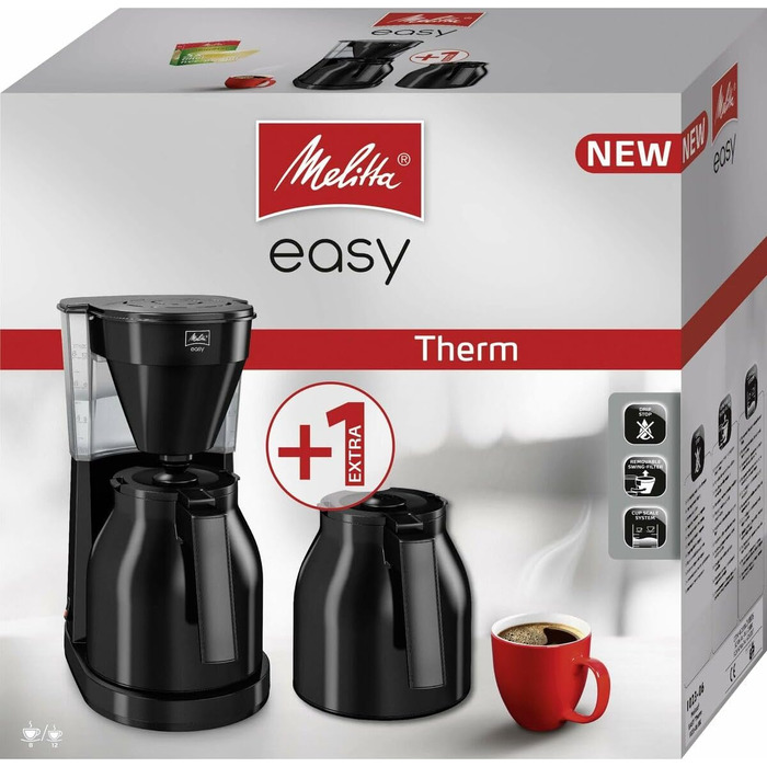Кавоварка Melitta Easy Therm з подвійною термокавником, крапельна фільтр-кавоварка з функцією захисту від протікання, для 8 чашок, чорна, 2 термокавники