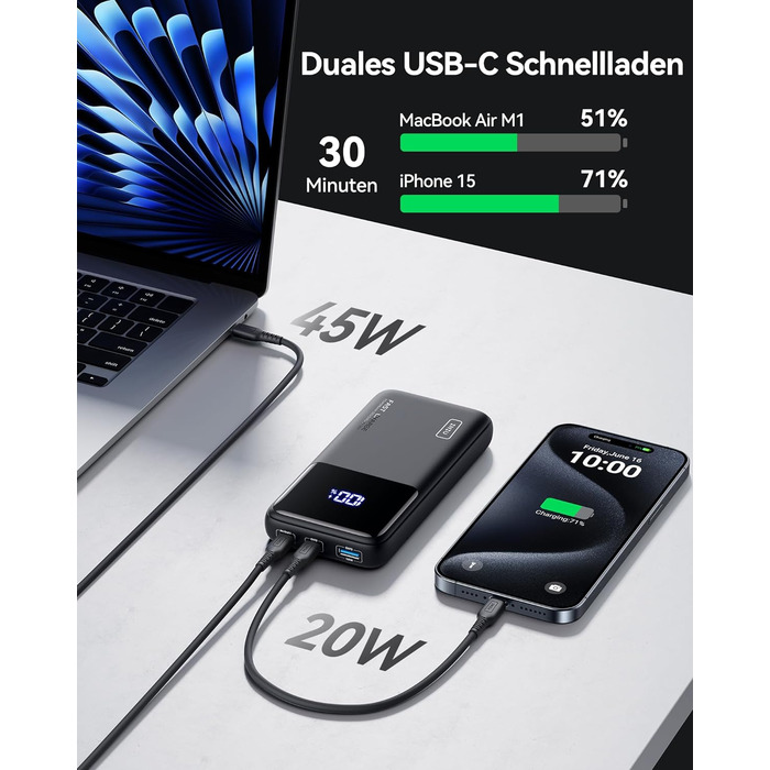 Power Bank INIU 20000mAh 65W: зарядний пристрій для телефону та ноутбука. USB-C, сумісний з MacBook, iPad, iPhone, Steam Deck. Чорний