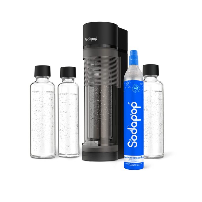 Сифон для газування води Sodapop Logan Starterset з CO₂-циліндром та 3 скляними пляшками, матовий чорний, 42.6 см