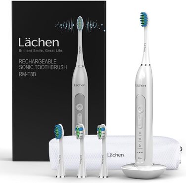 Електрична зубна щітка Lächen Sonic RM-T8B з 4 насадками, таймером, 3 режимами та 3 рівнями вібрації, білий