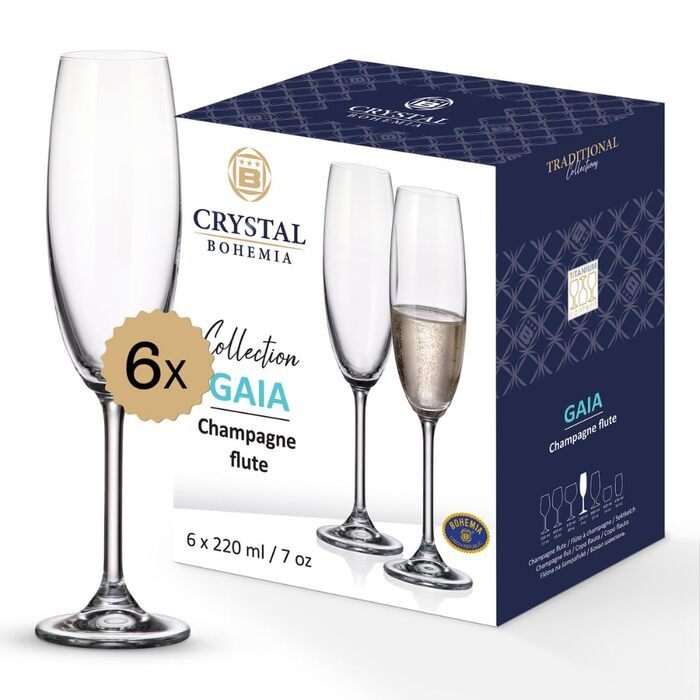 Кришталеві келихи Crystal Bohemia для білого вина - набір 6 шт, об'єм 350 мл, стійкі до миття в посудомийній машині, довговічні та стійкі до подряпин - елегантні келихи з кришталевого скла - ідеальний подарунок для поціновувачів вина (флюти 220 мл)