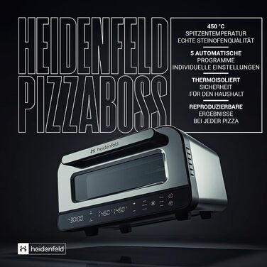 Електрична піч для піци Heidenfeld Pizzaboss, 1850 Вт, до 450°C, повний набір, сріблясто-чорний