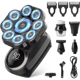 Електрична бритва для гоління голови чоловіча 9D Skull Shaver, водонепроникна IPX7, LCD-дисплей, 6-в-1 з тримером для носа, Type-C зарядка