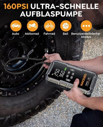 Пусковий пристрій (бустер) 8000A для авто з компресором 160 PSI, Powerbank 12V для бензинових та дизельних двигунів до 12л, з LED-ліхтарем 600LM та LCD-дисплеєм