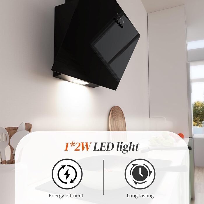 Похила витяжка для кухні FIREGAS 60 см з LED-підсвіткою, 3 рівня швидкості, режимами відводу та рециркуляції (вугільний фільтр)