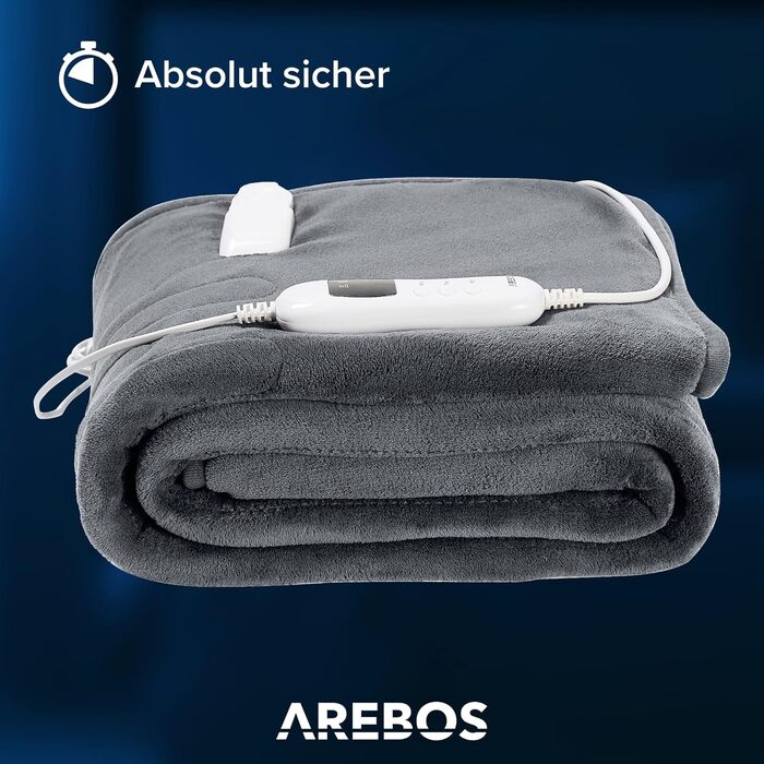 Електрична плед-ковдра Arebos з плюшу 200x180 см, 9 режимів, автоматичне вимкнення, захист від перегріву, таймер, попередній підігрів, прана у машинці, антрацит
