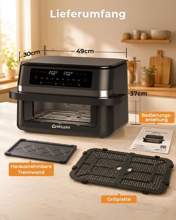 Аерофритюрниця WELLENT 12L Dual Zone XXL - двокамерна фритюрниця з гарячим повітрям 2950W (6+6Л), з вікном перегляду, функціями Match & Sync та нагадуванням про струшування, придатна для посудомийки
