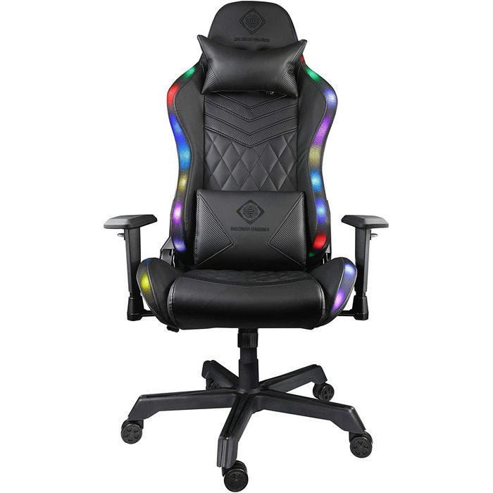 Ігрове крісло Deltaco Gaming DC410 з LED-підсвіткою, екошкіра, RGB освітлення, ергономічне, з подушками для попереку та шиї, чорне