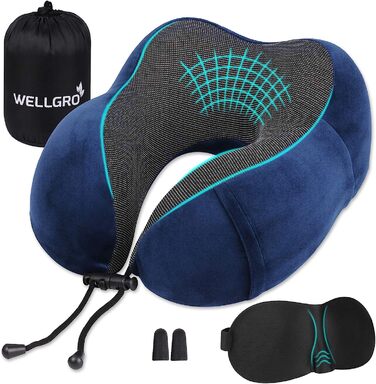 Дорожній набір WELLGRO: ортопедична подушка для шиї з пам'яттю форми, 3D маска для сну, беруші, знімний чохол, темно-синя