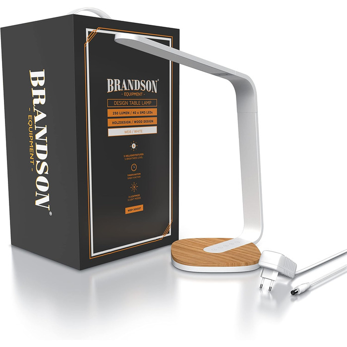 Brandson LED настільна лампа з дерева, диммована, 5 рівнів яскравості, 3 температури світла, сенсорне керування, 450 люмен, для офісу, навчання, біла, захист для очей