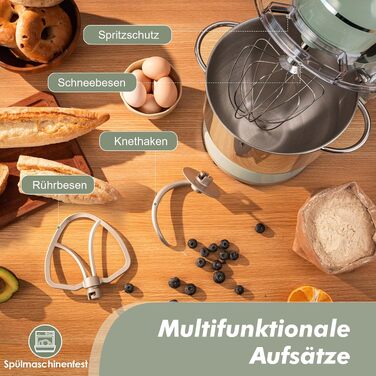 Кухонний комбайн-міксер Kitchen in the box Fab-Serie 8л, потужність 2000Вт, 10 швидкостей, з насадками (вінчик, гак, міксер), Зелений