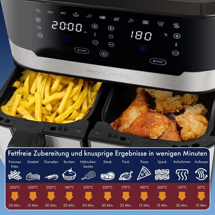 ProfiCook Подвійна аерофритюрниця 9 л XXL, 2400 Вт, 9 програм, сенсорне управління, подвійна камера, без олії