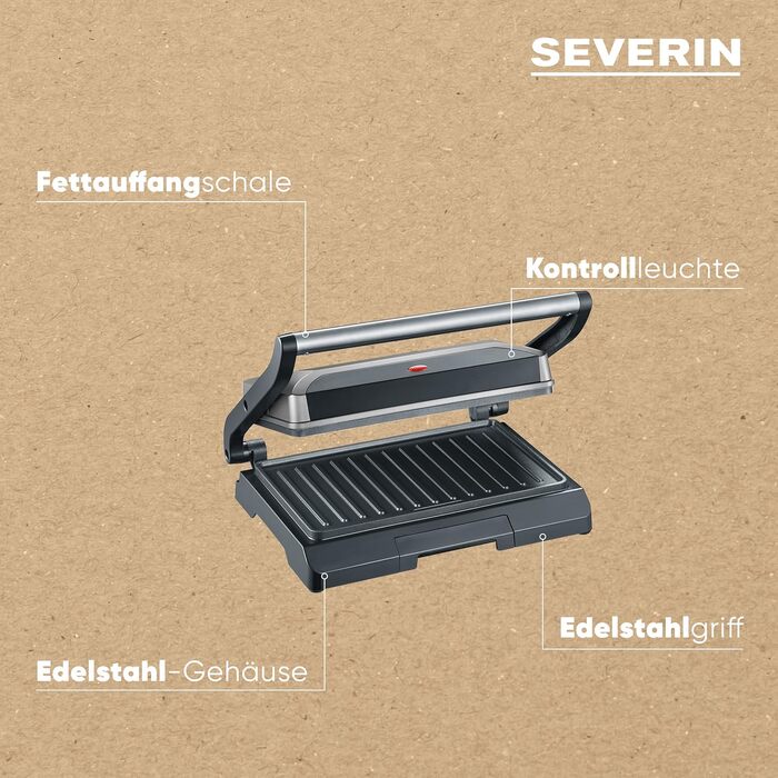 Компактний контактний гриль-сендвічниця SEVERIN KG 2394 Multigrill для паніні та стейків, антипригарне покриття, 800 Вт, металік/чорний