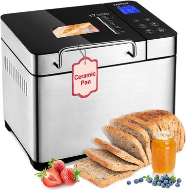 Преміум хлібопекарня Konvektions-Brotbackautomat 710W з керамічною формою, 17 програм, нержавіюча сталь, дозатор горіхів, сенсорне скло, срібляста