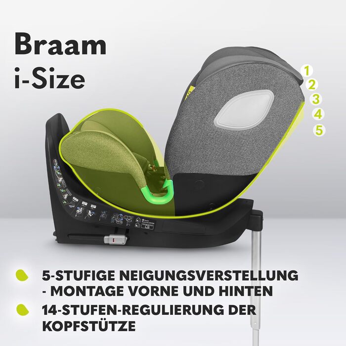 Дитяче автокрісло LIONELO BRAAM i-Size 0-36 кг, 360° обертання, ISOFIX, опора, регульовані підголівник і спинка, сіра вставка