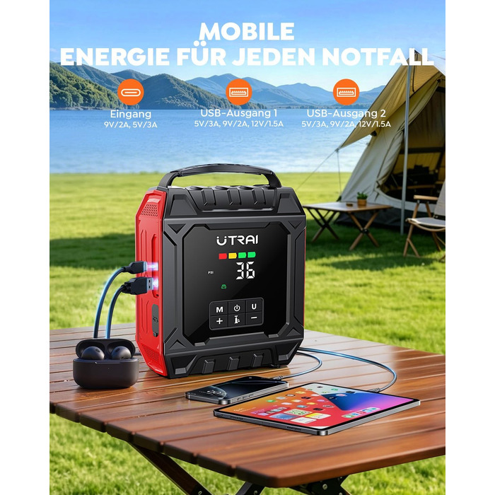 Пусковий пристрій UTRAI 7000A з компресором 160 PSI та Powerbank для авто (бензин та дизель до 12л), магнітний ліхтар 1000 Лм, червоний