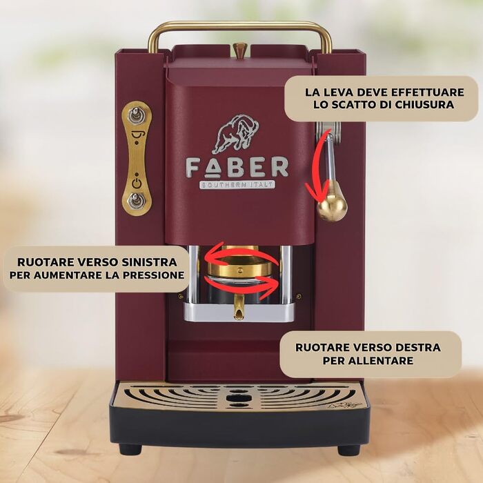 Кавомашина Faber Deluxe 3.0 ESE 44мм, червоний (Cherry Red). Електрична, з резервуаром 1л та регульованим пресом для кавових таблеток