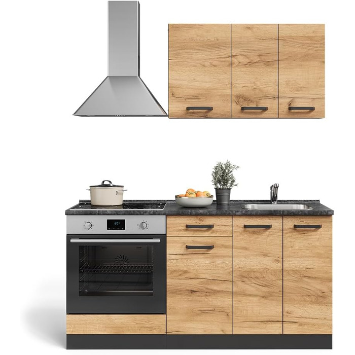 Кухонний модуль Vicco R-Line, дуб Goldkraft/антрацит, 160 см, з шафою під плиту, під вбудовану техніку та мийку (без стільниці та мийки)